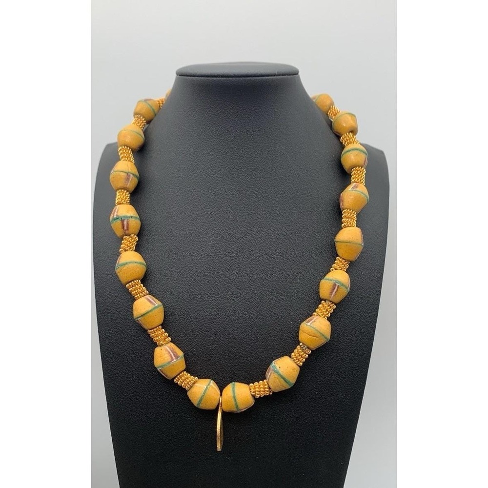 Vintage Venetian Glass Yellow French  Cross African Trading Beads Necklace 18"